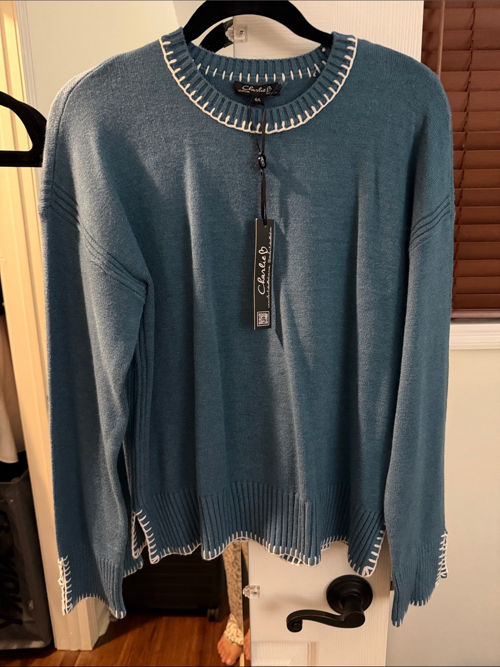 CHARLIE B Teal Crewneck Sweater with White Contrast Trim
